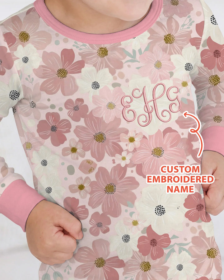 Custom Embroidered Name Floral Bamboo Two Piece Long Sleeve Pajama Set