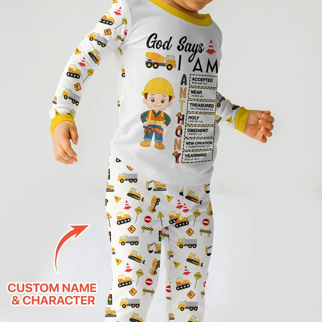 Custom Name God Says I Am Little Builder Letter in Bible Bamboo Two Piece Long Sleeve Pajama Set