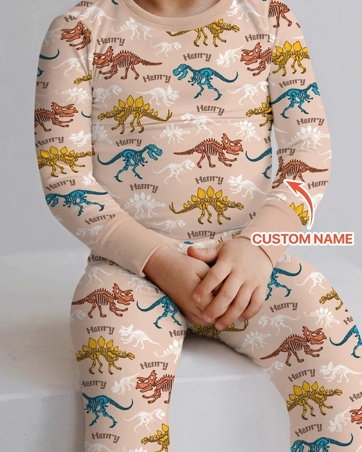 Dino Bones Parade Custom Name Bamboo Two Piece Long Sleeve Pajama Set