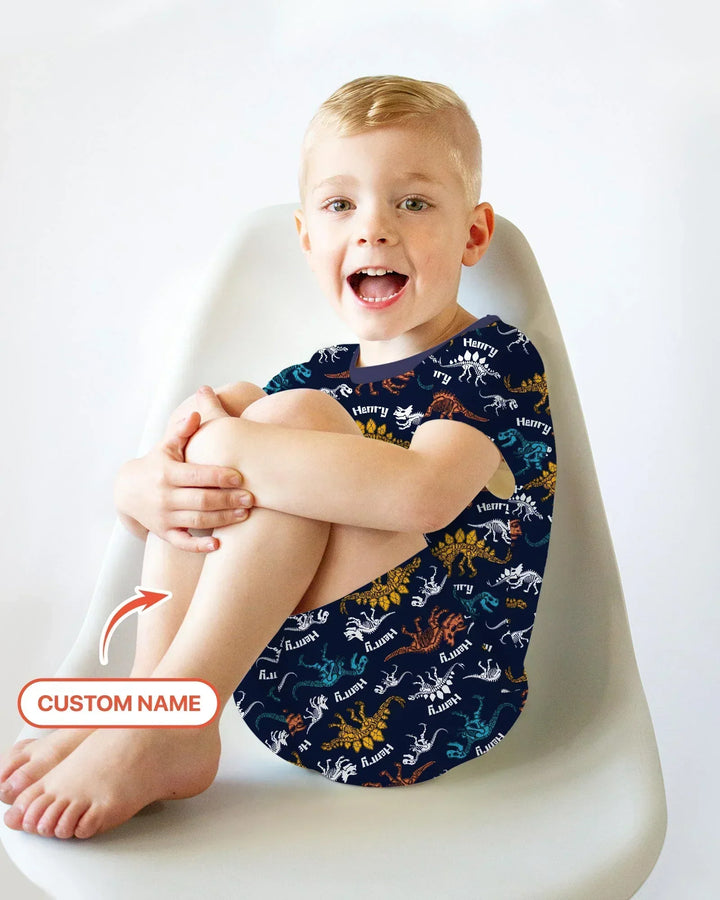 Dino Bones Parade Custom Name Bamboo Two Piece Short Sleeve Shorts Pajama Set