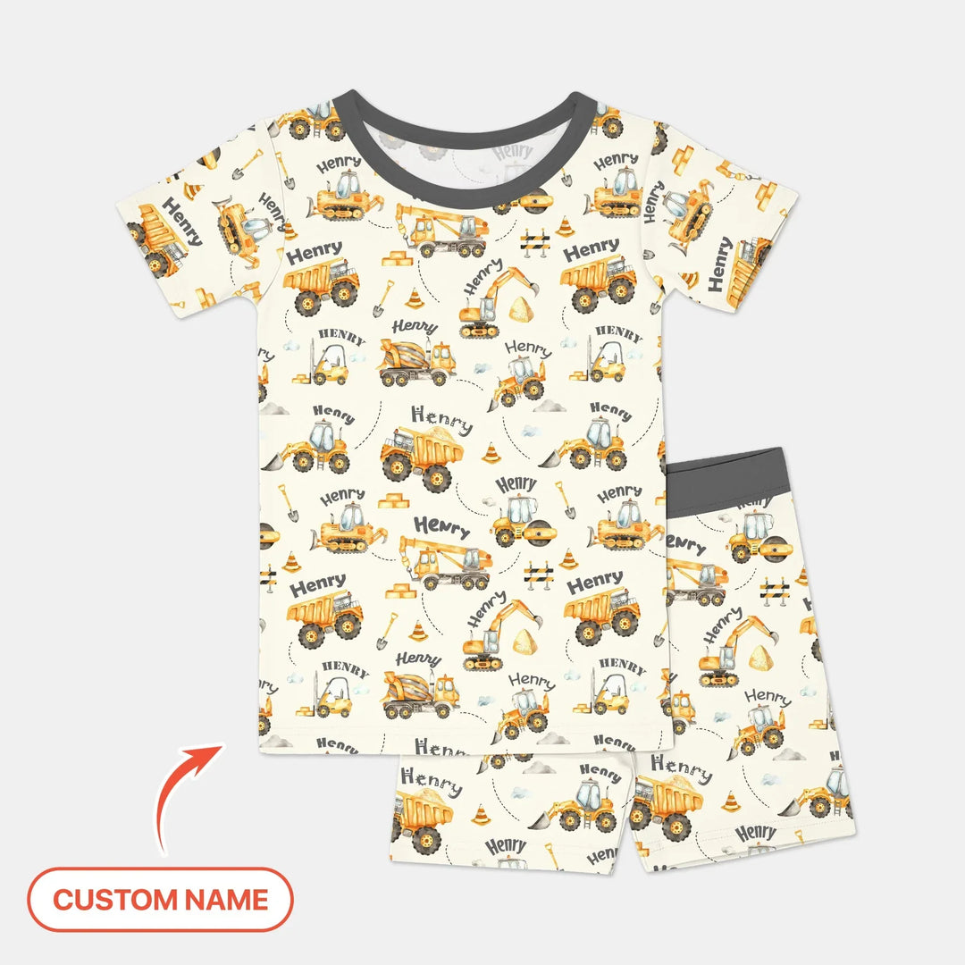 Constructions Machines Custom Name Bamboo Two Piece Short Sleeve Shorts Pajama Set