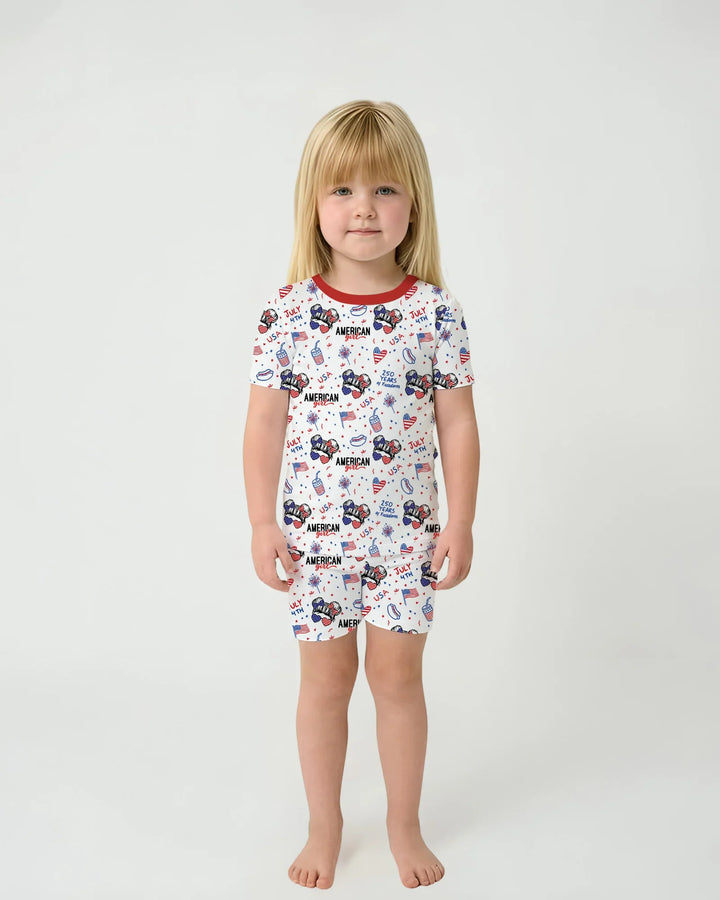 Doodle American Flag Glasses Family Matching Bamboo Two Piece Short Sleeve Shorts Pajama Set