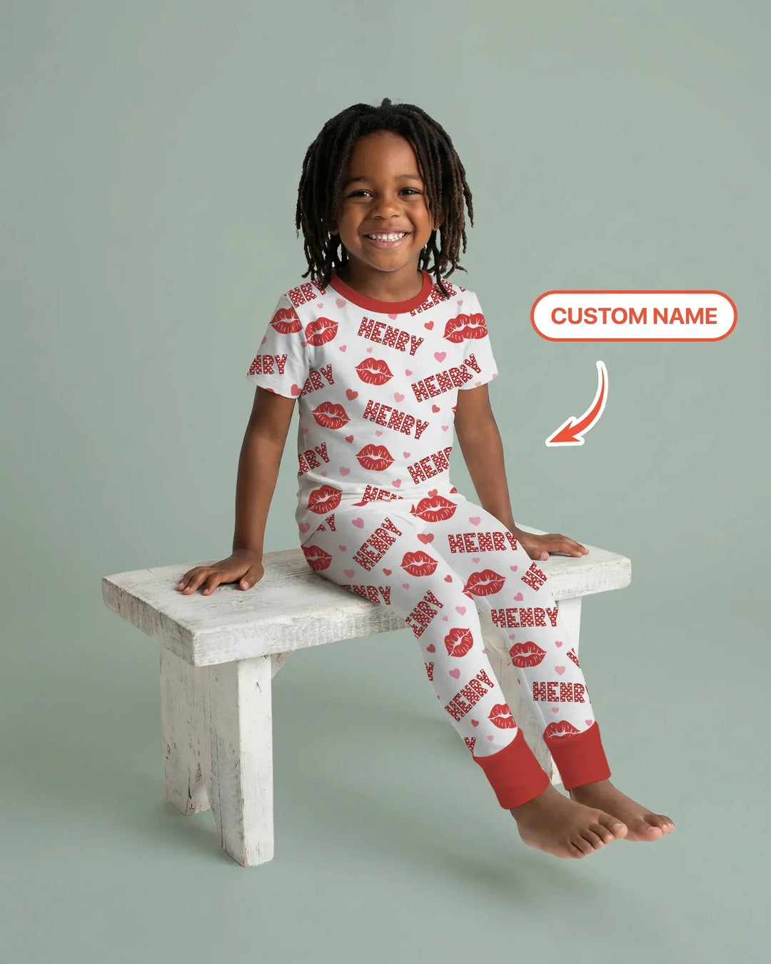 Custom Name Valentine Kiss Bamboo Two Piece Short Sleeve Pajama Set