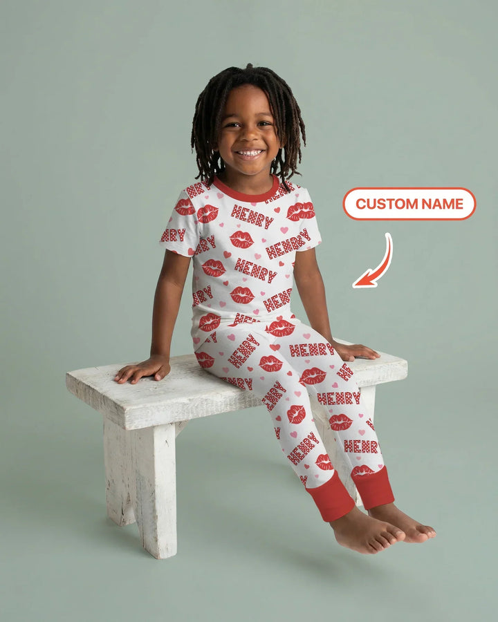 Custom Name Valentine Kiss Bamboo Two Piece Short Sleeve Pajama Set