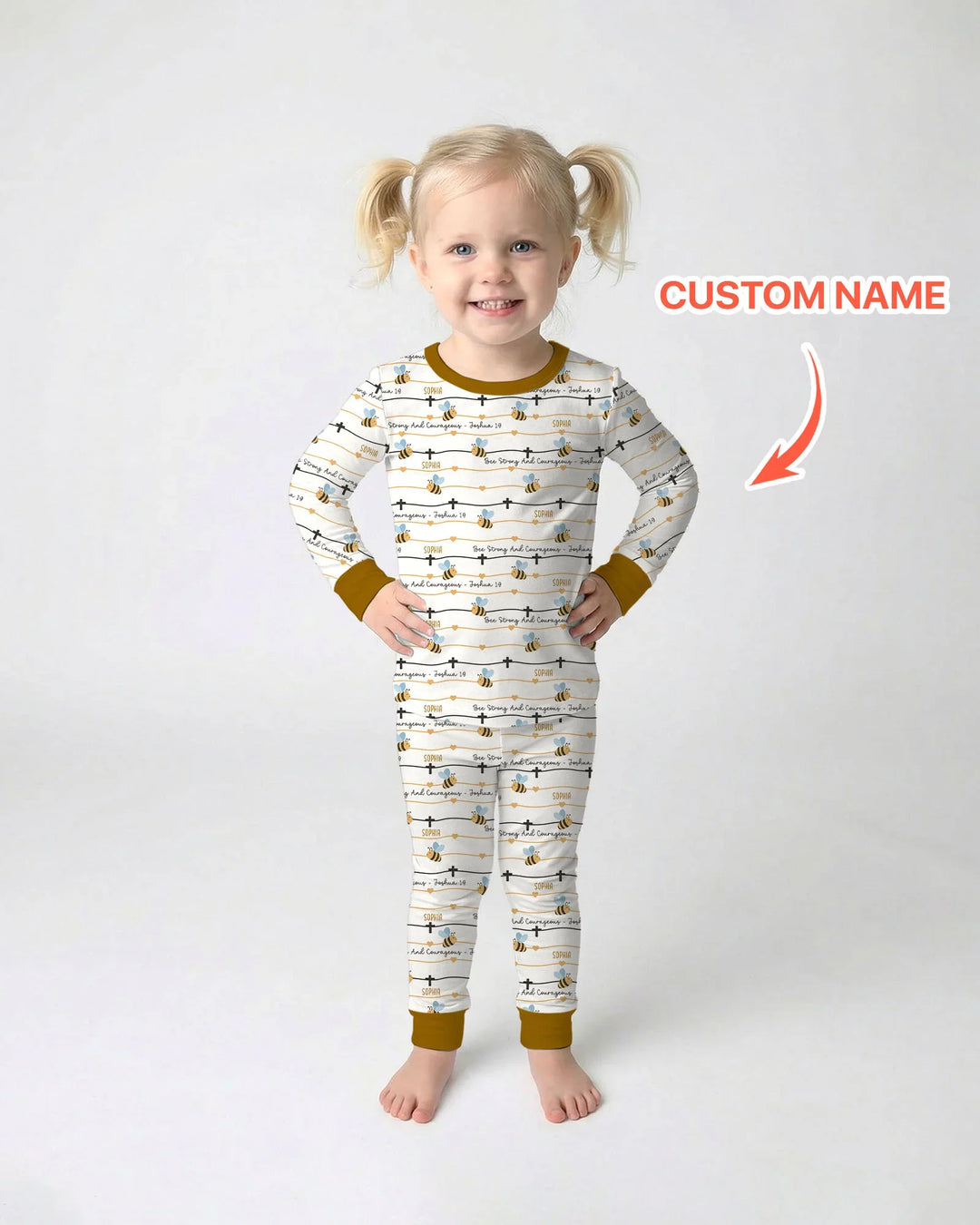 Bee Strong And Courageous Custom Name Bamboo Two Piece Long Sleeve Pajama Set