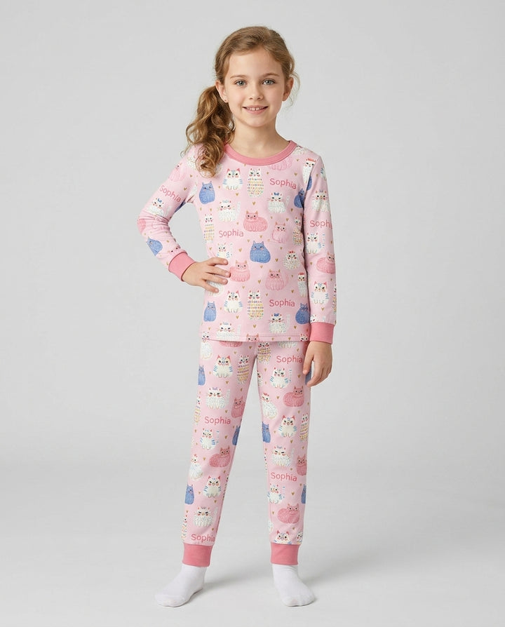 Custom Name Cute Pastel Cat Bamboo Two Piece Long Sleeve Pajama Set