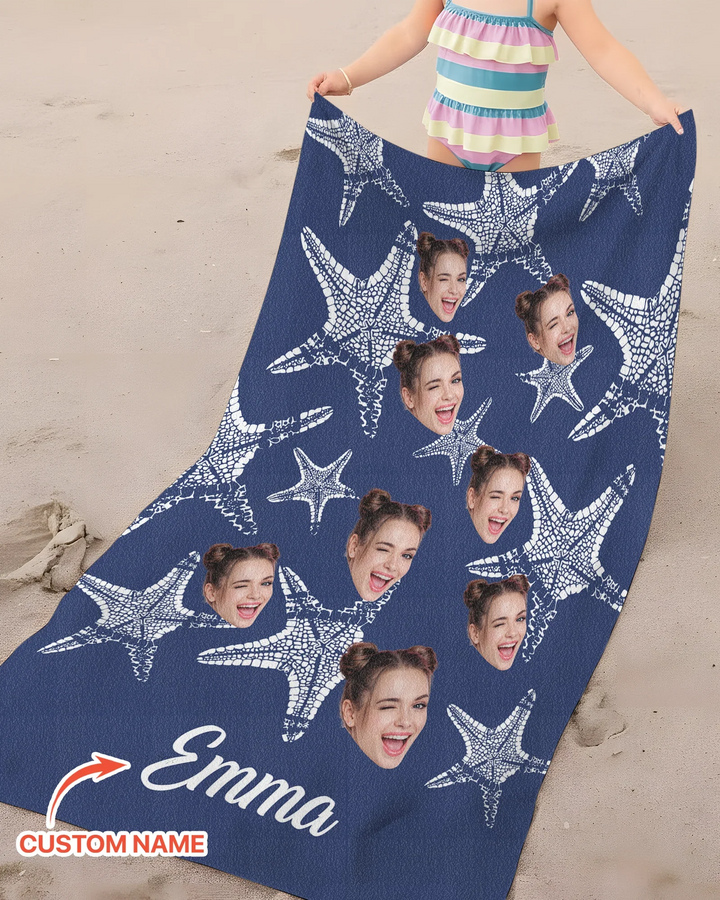 Custom Photo Starfish With Names Bamboo Beach Towel