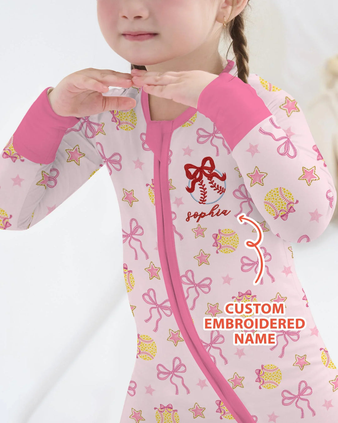 Custom Name Embroidered Softball Bow Baby Bamboo Convertible Zippy