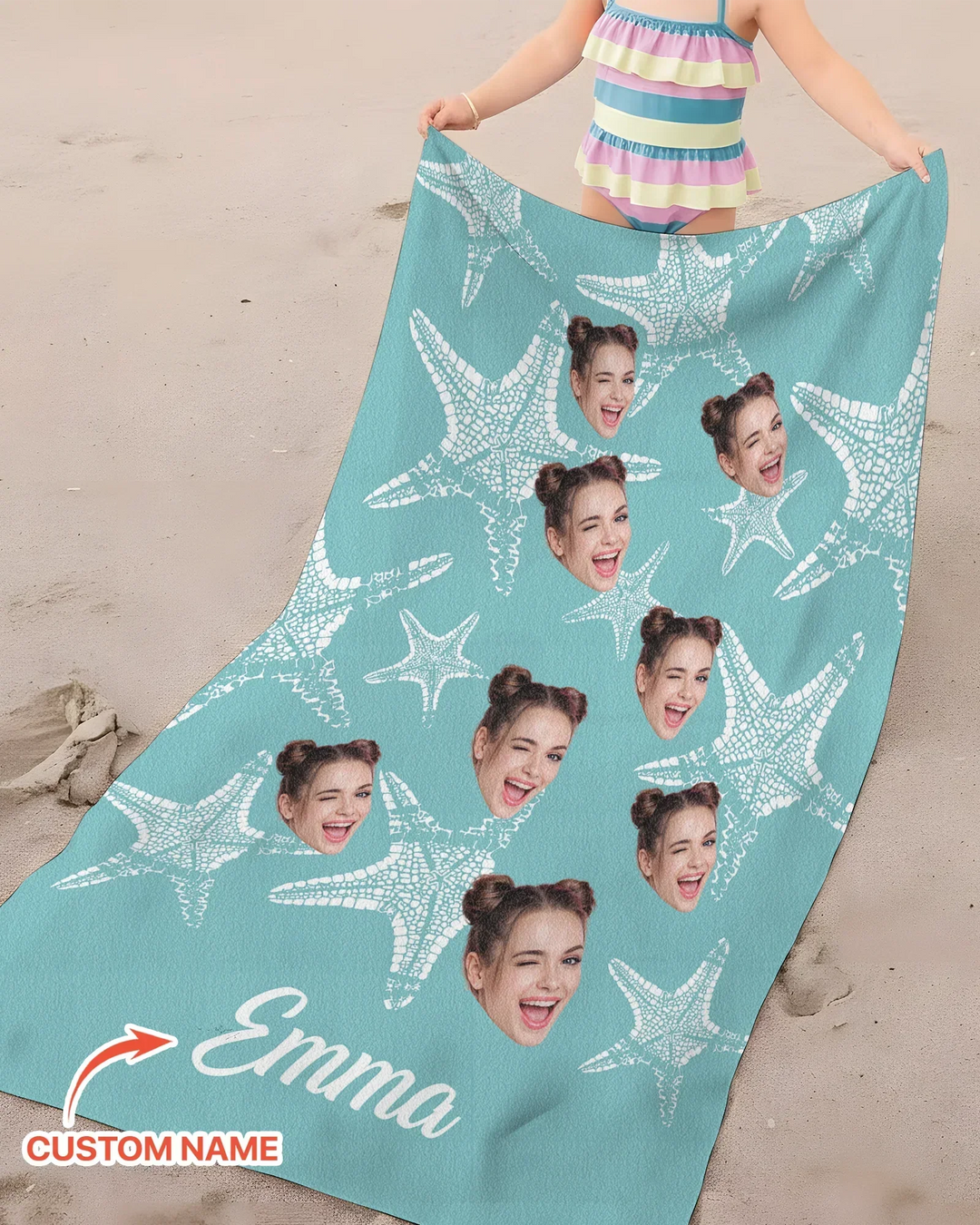 Custom Photo Starfish With Names Bamboo Beach Towel