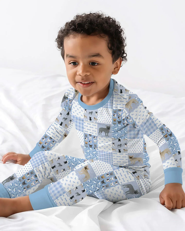 Frenchies Patchwork Family Matching Bamboo Two Piece Long Sleeve Pajama Set