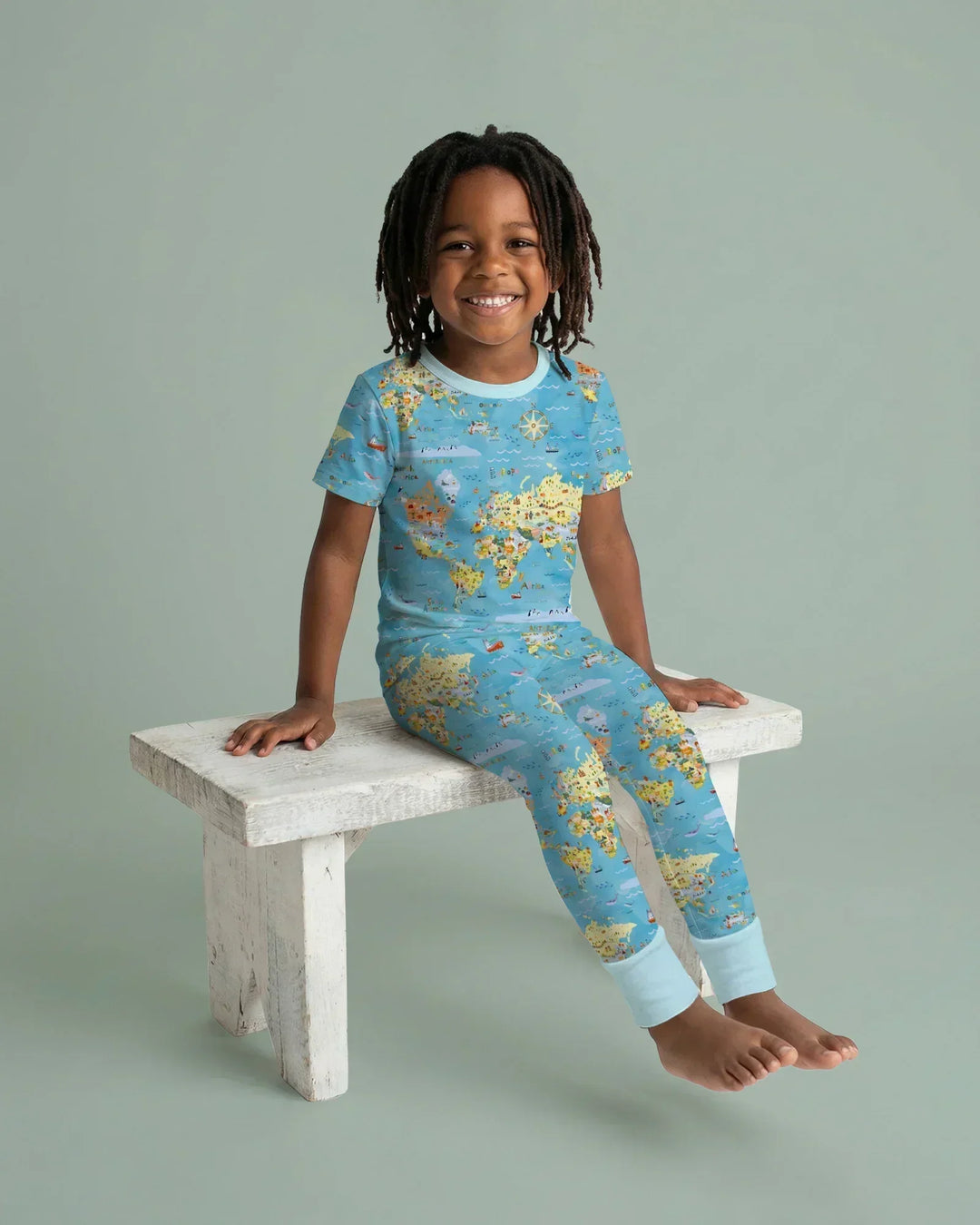 Whimsical World Map Family Matching Bamboo Two Piece Short Sleeve Pajama Set