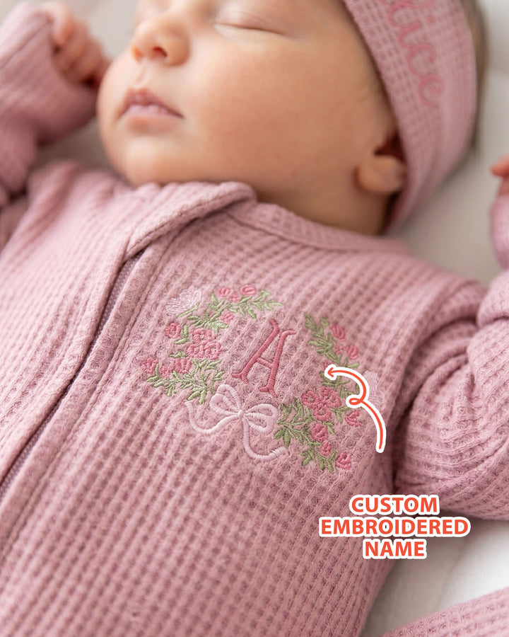 Personalized Flower Wreath Embroidered Waffle Bamboo Zipper Footie