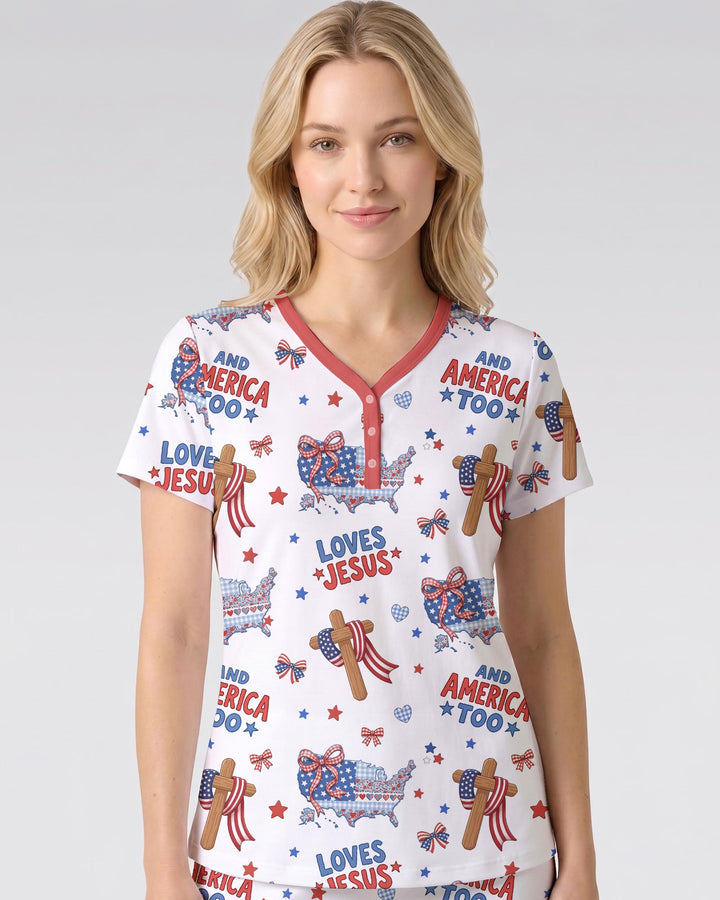 Loves Jesus And America Too Bamboo Women Short Sleeve Short Pajama Set