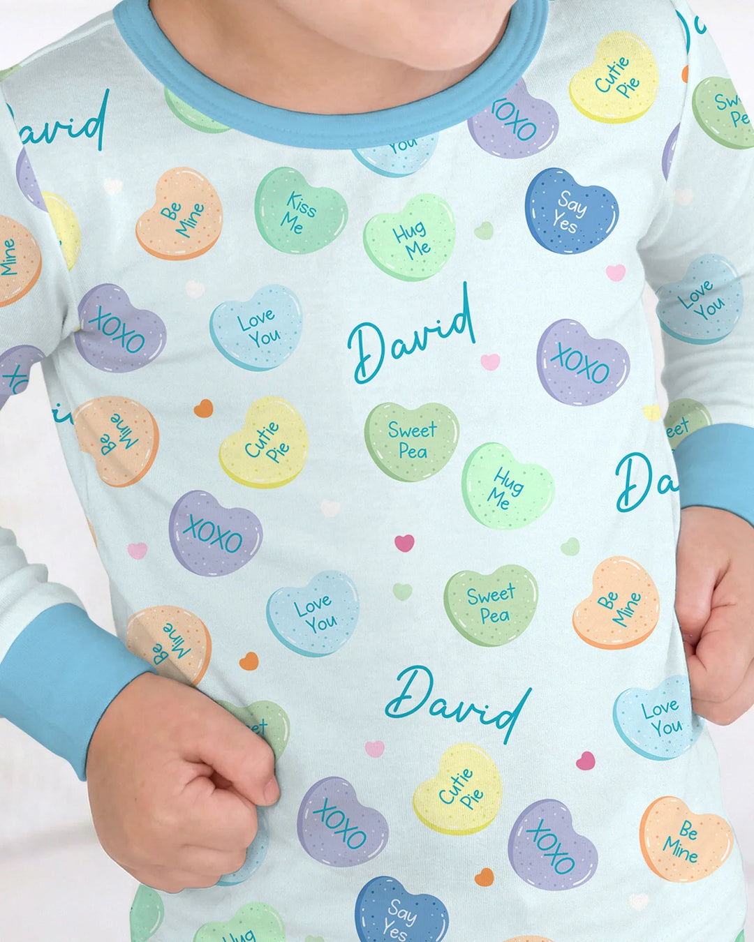 Custom Name Colorful Candy Hearts Family Matching Bamboo Two Piece Long Sleeve Pajama Set