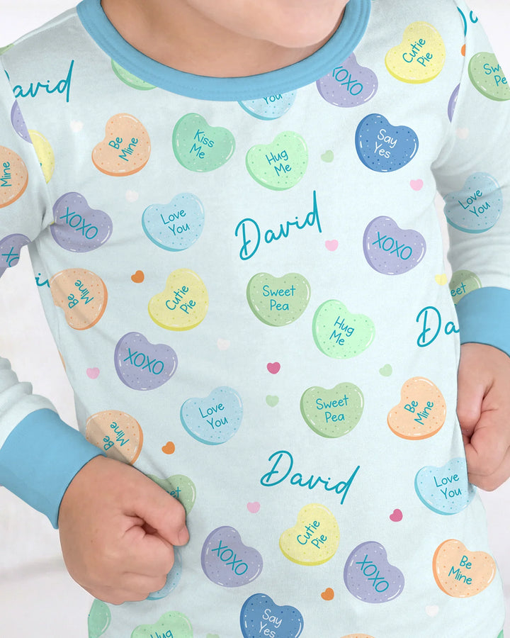 Custom Name Colorful Candy Hearts Family Matching Bamboo Two Piece Long Sleeve Pajama Set