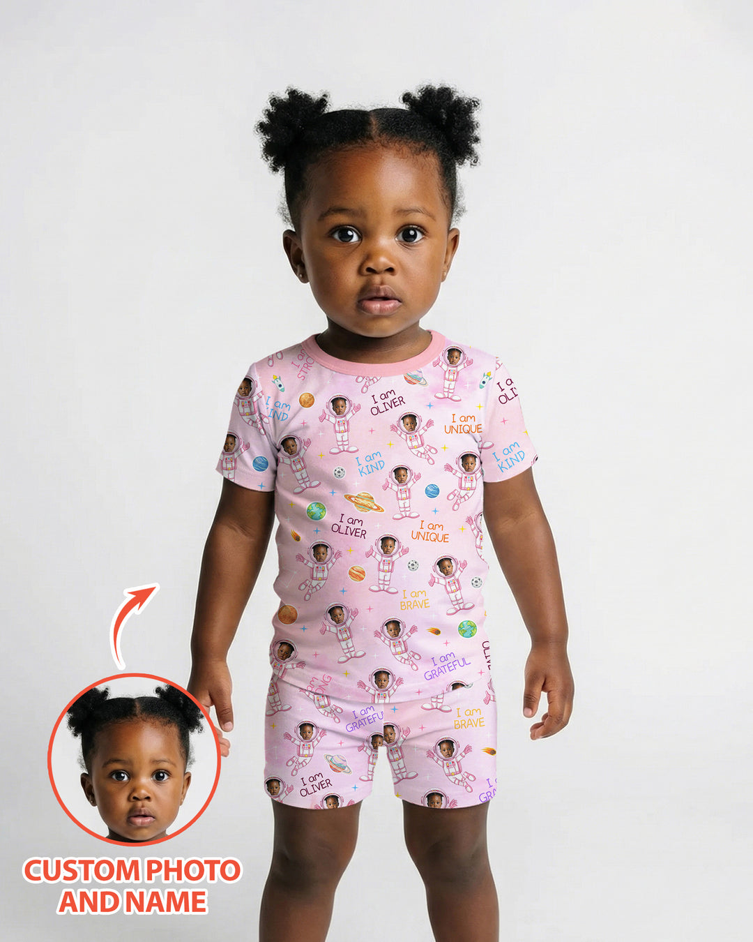 Custom Photo Kid Affirmations I Am Kind Astronaut Bamboo Two Piece Short Sleeve Pajama Set