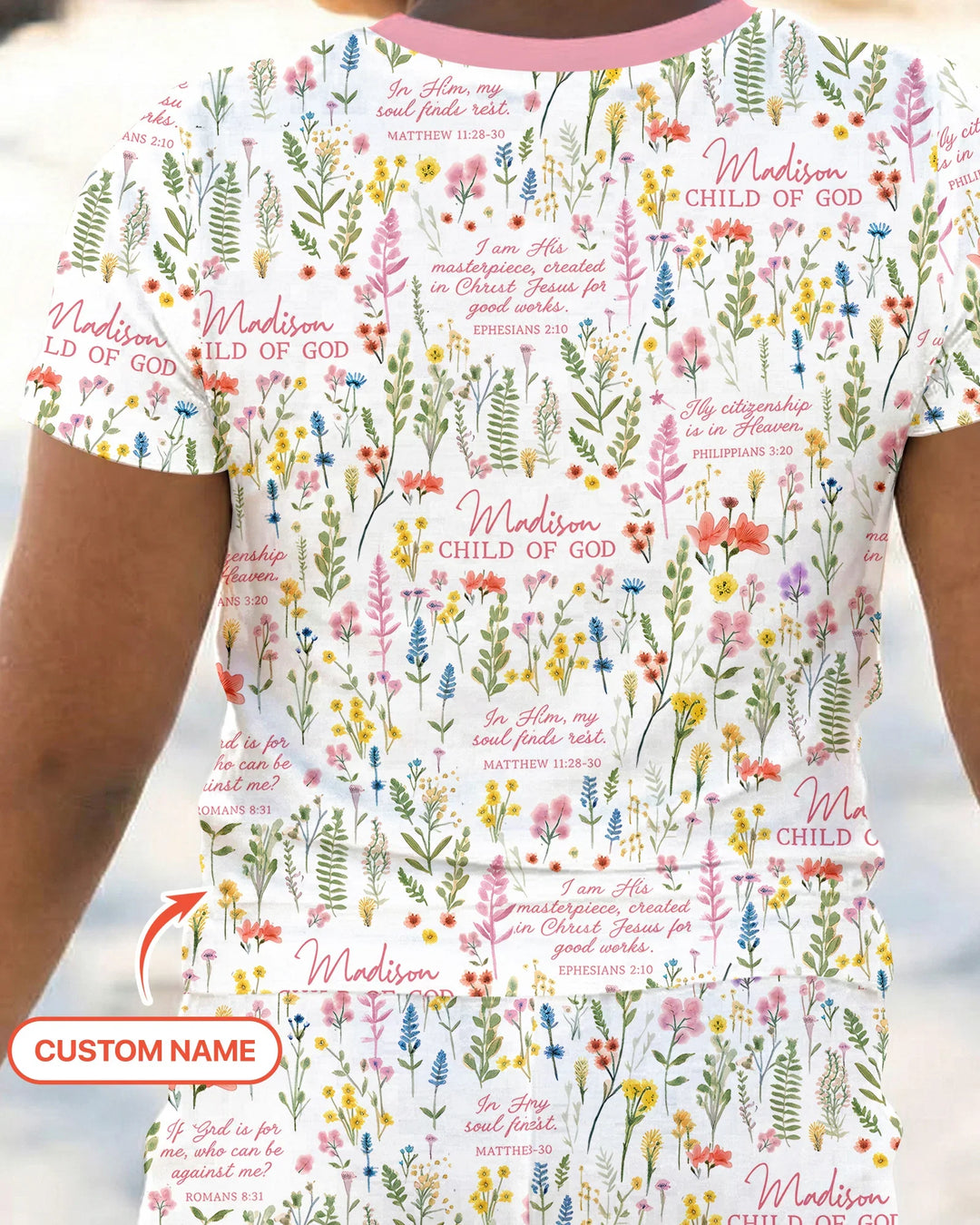 Custom Name Child of God Flower Garden Bamboo Two Piece Short Sleeve Pajama Set