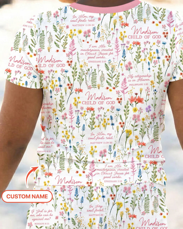 Custom Name Child of God Flower Garden Bamboo Two Piece Short Sleeve Pajama Set