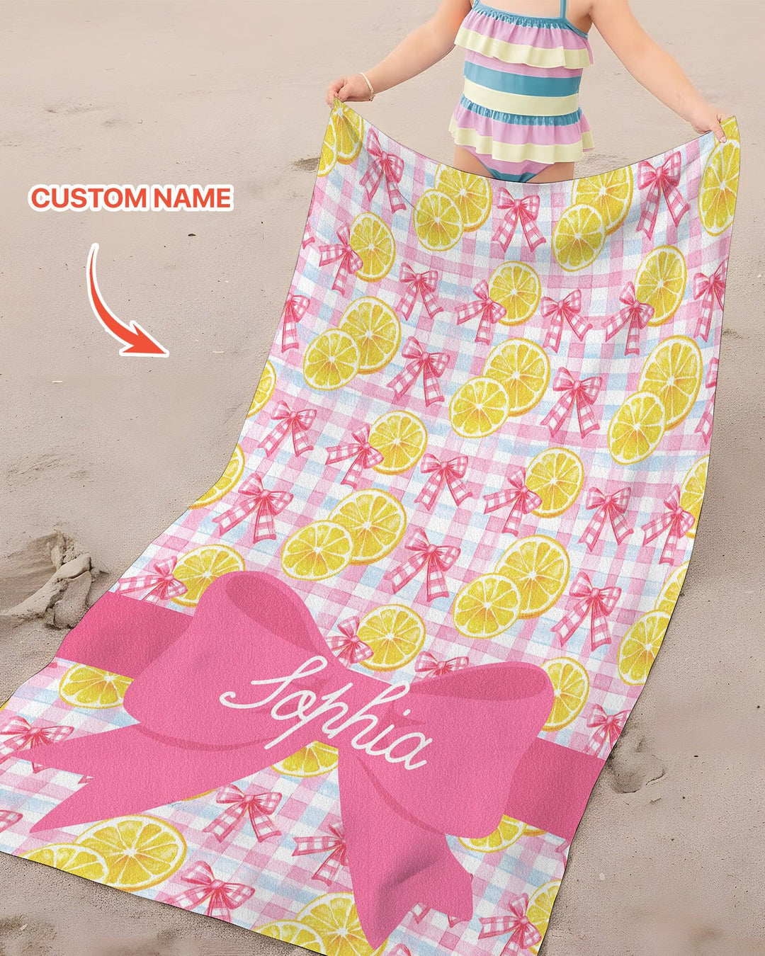Custom Name Pink Lemons Bows Checkered Bamboo Beach Towel