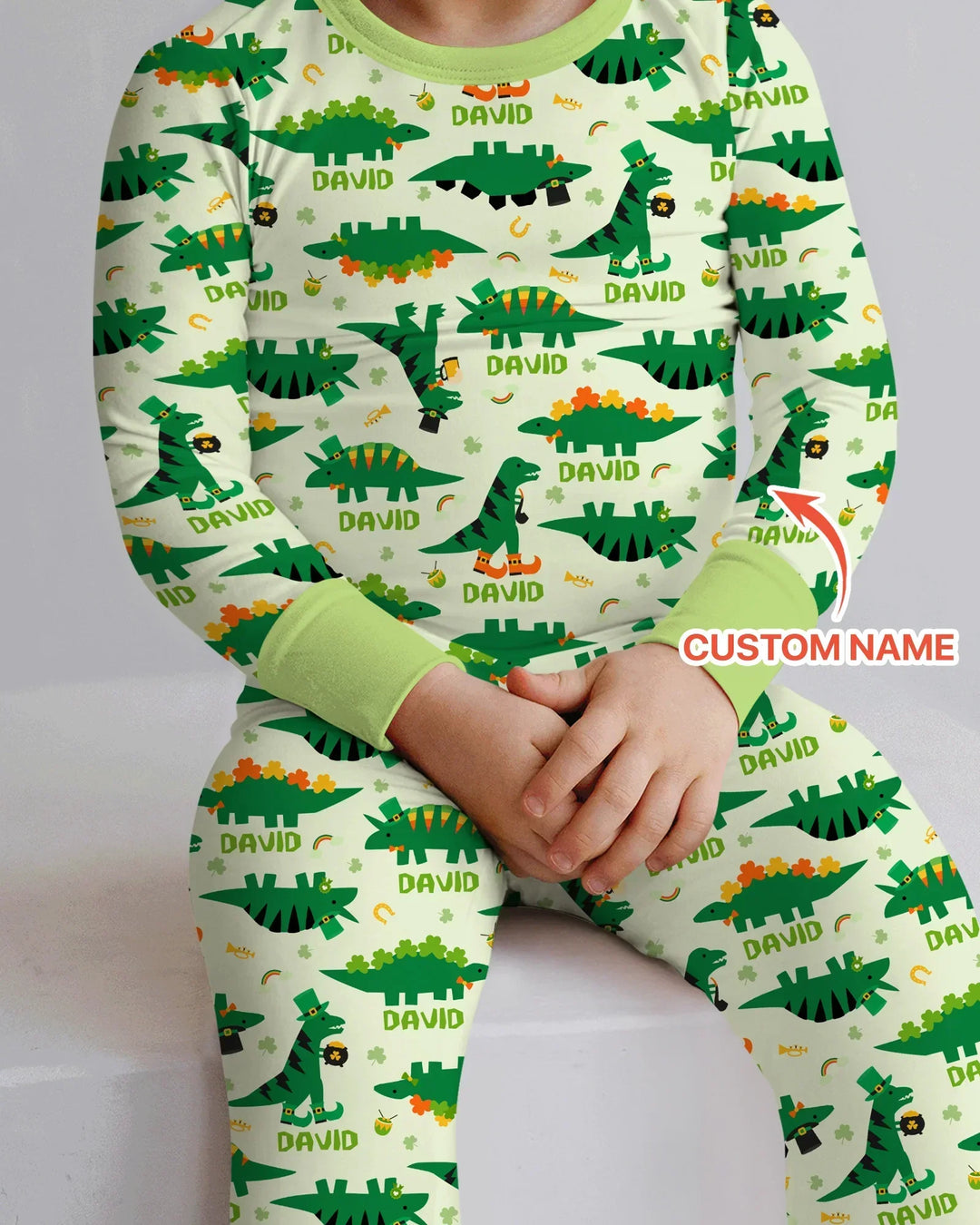 St. Patrick's Day Dinosaurs Custom Bamboo Two Piece Long Sleeve Pajama Set