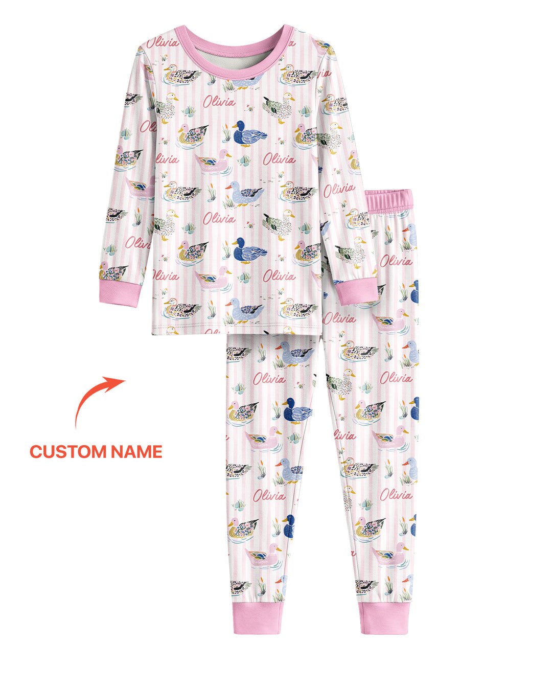 Whimsical Duck Custom Name Bamboo Two Piece Long Sleeve Pajama Set