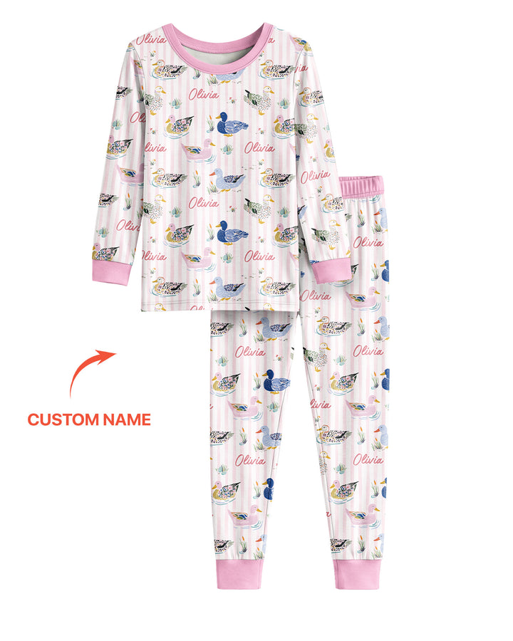 Whimsical Duck Custom Name Bamboo Two Piece Long Sleeve Pajama Set