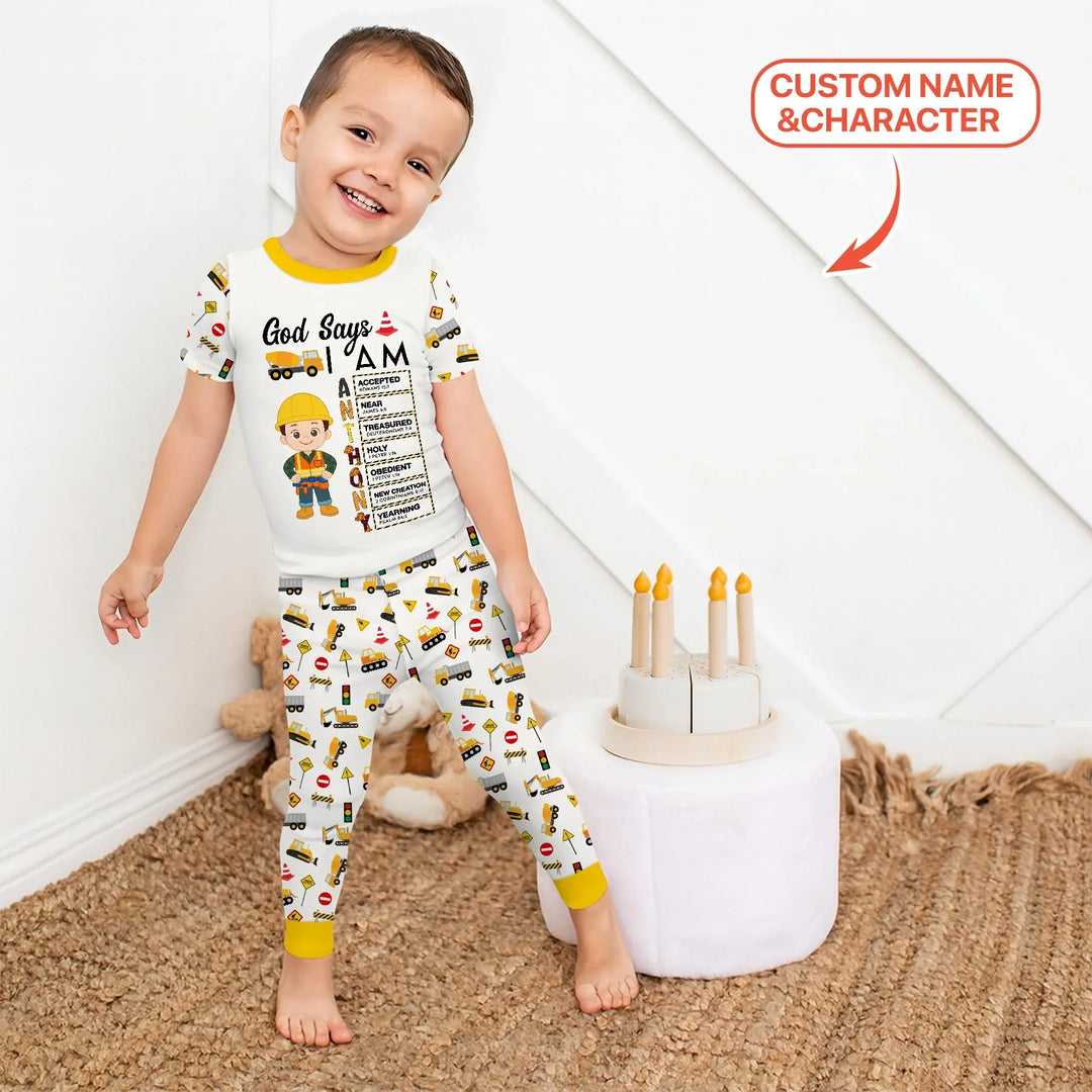 Custom Name God Says I Am Little Builder Letter in Bible Bamboo Two Piece Short Sleeve Pajama Set