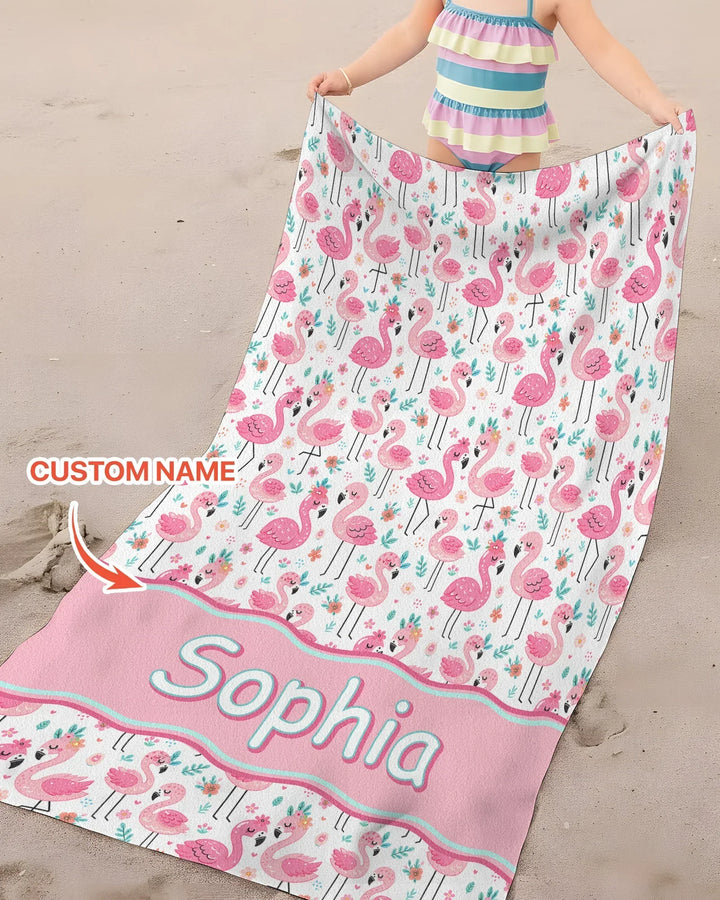 Custom Name Hello Flamingo Bamboo Beach Towel