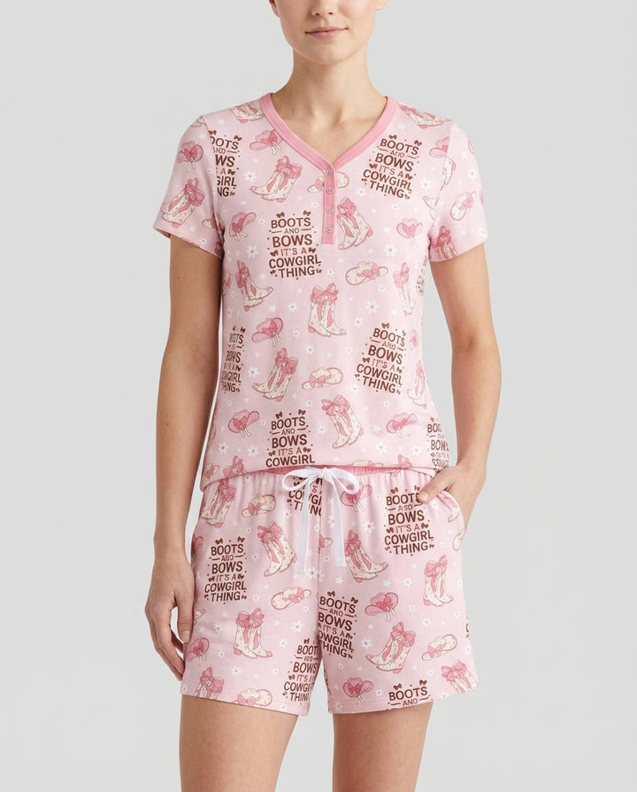 Western Cowgirl Boots And Bows Bamboo Women Short Sleeve Short Pajama Set