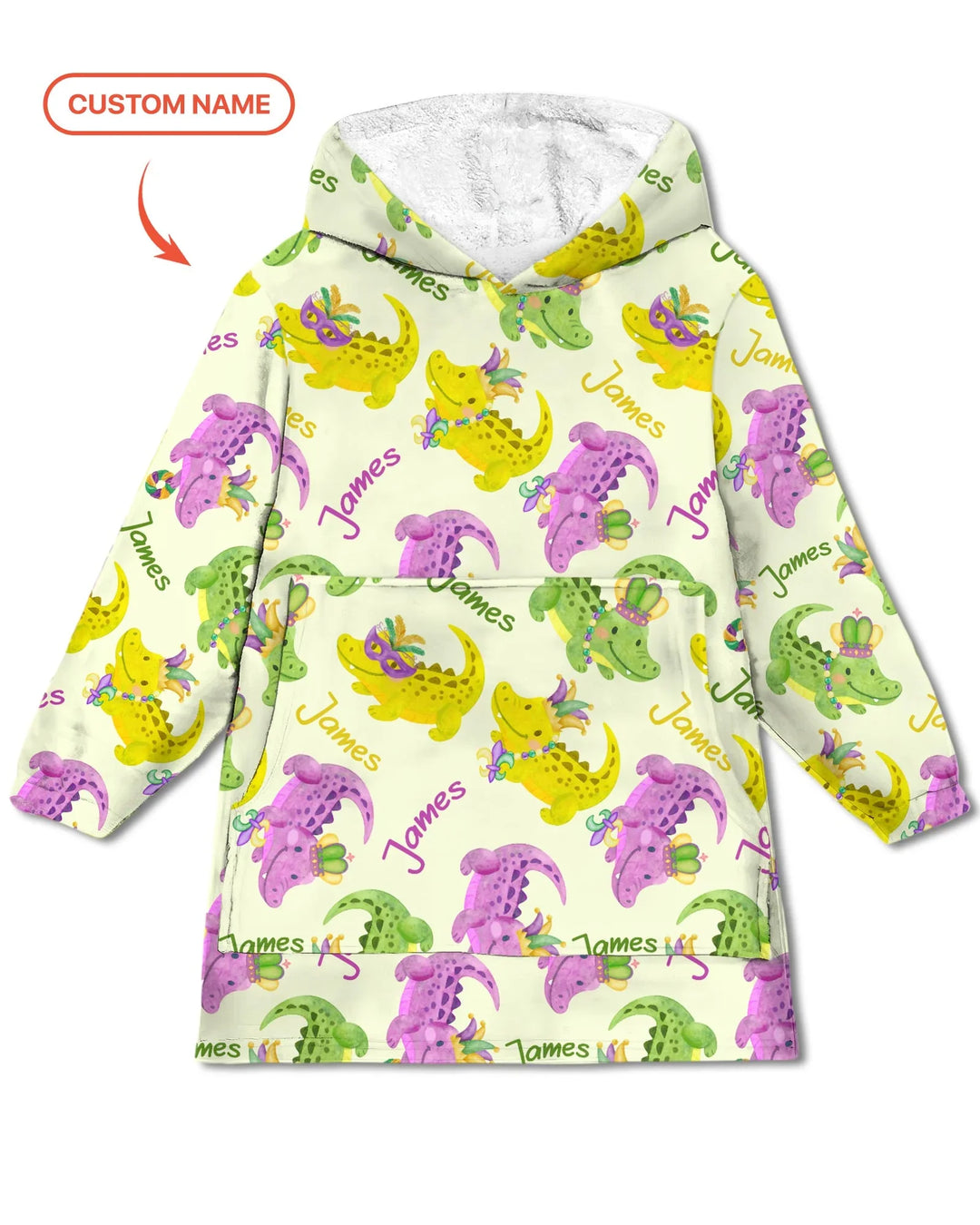 Custom Name Mardi Gras Alligator Wearable Bamboo Blanket Hoodie