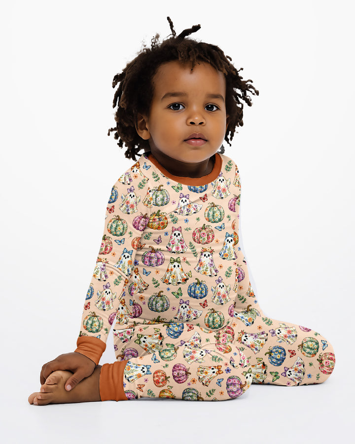 Floral Ghost Halloween Bamboo Two Piece Long Sleeve Pajama Set