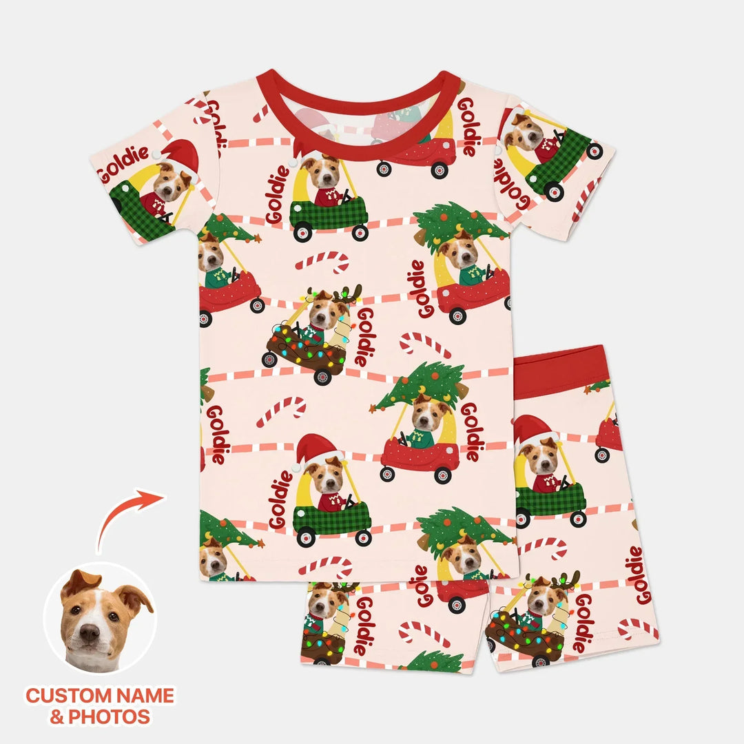 Custom Pet Photo Christmas Tikes Car Bamboo Two Piece Short Sleeve Shorts Pajama Set