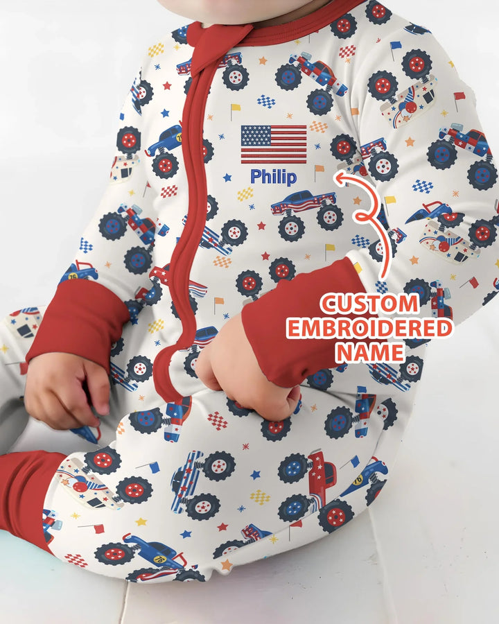 Custom Name Embroidered Red White & Truck Bamboo Convertible Zippy