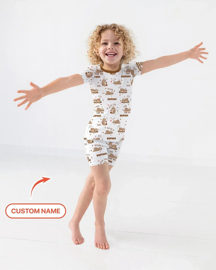 Custom Name Cute Sloth Bamboo Two Piece Short Sleeve Shorts Pajama Set