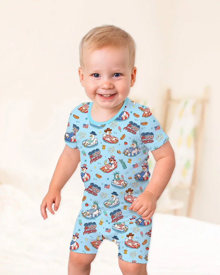 250 America Patriotic Goose Family Matching Bamboo Two Piece Short Sleeve Shorts Pajama Set