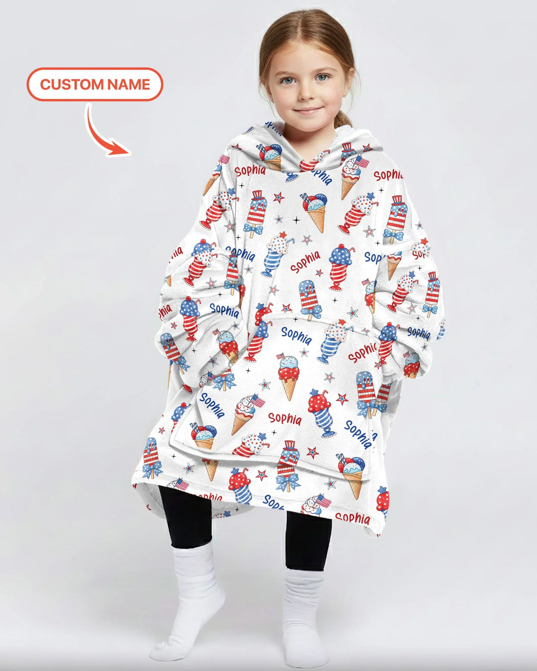 Custom Name Red, White & Ice Cream Bamboo Blanket Hoodie