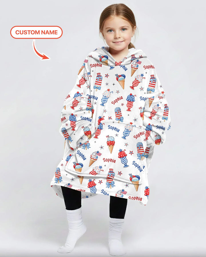 Custom Name Red, White & Ice Cream Bamboo Blanket Hoodie
