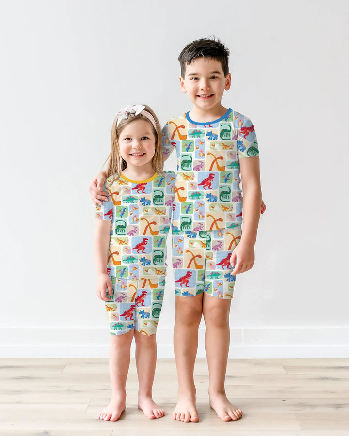 Rainbow Dino Friends Family Matching Bamboo Two Piece Short Sleeve Shorts Pajama Set