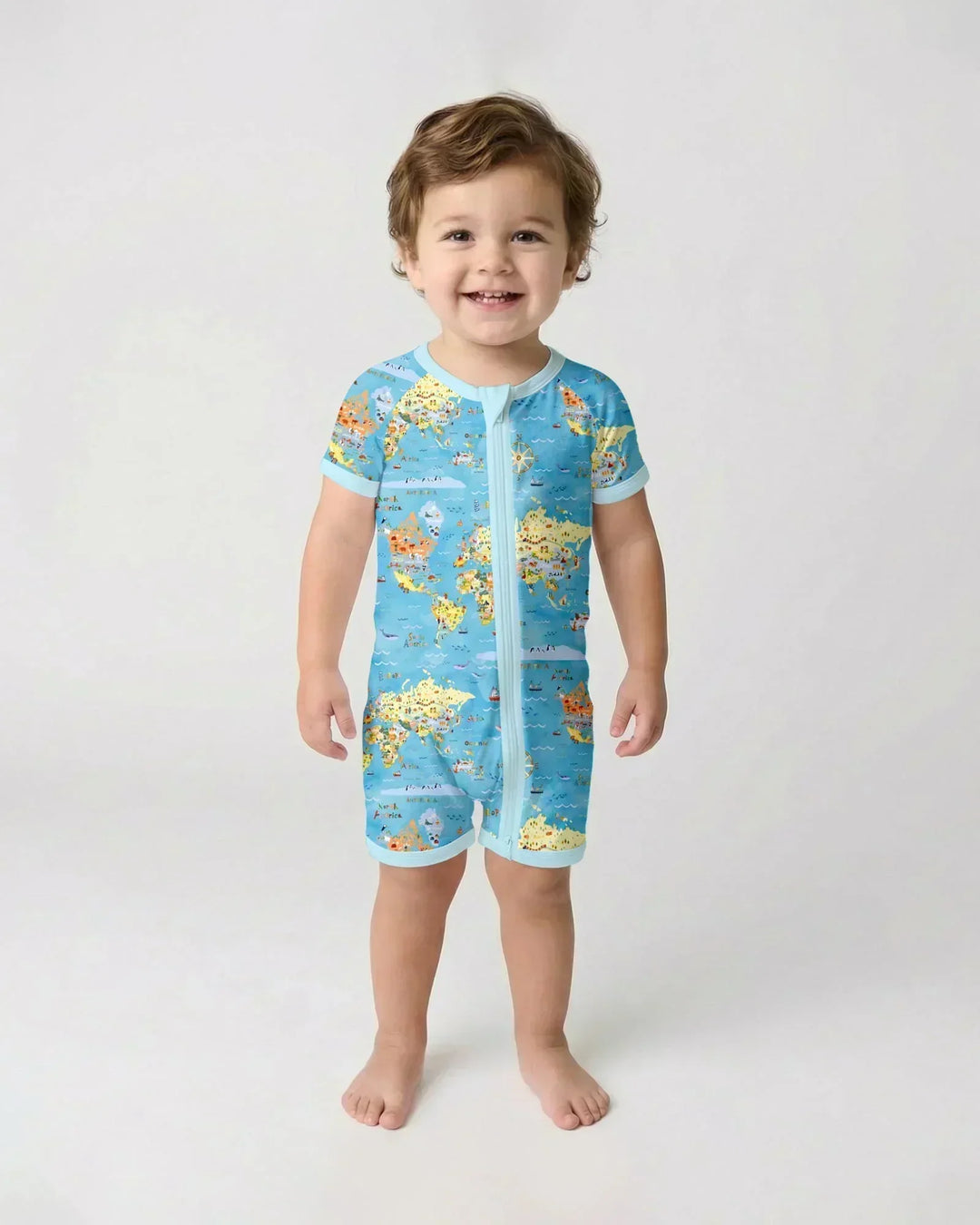 Whimsical World Map Family Matching Bamboo Shorty Zippy