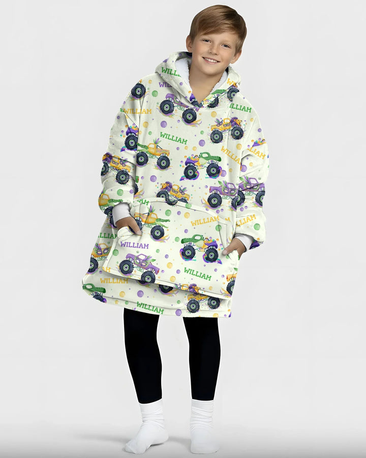 Custom Name Mardi Gras Monster Trucks Bamboo Blanket Hoodie