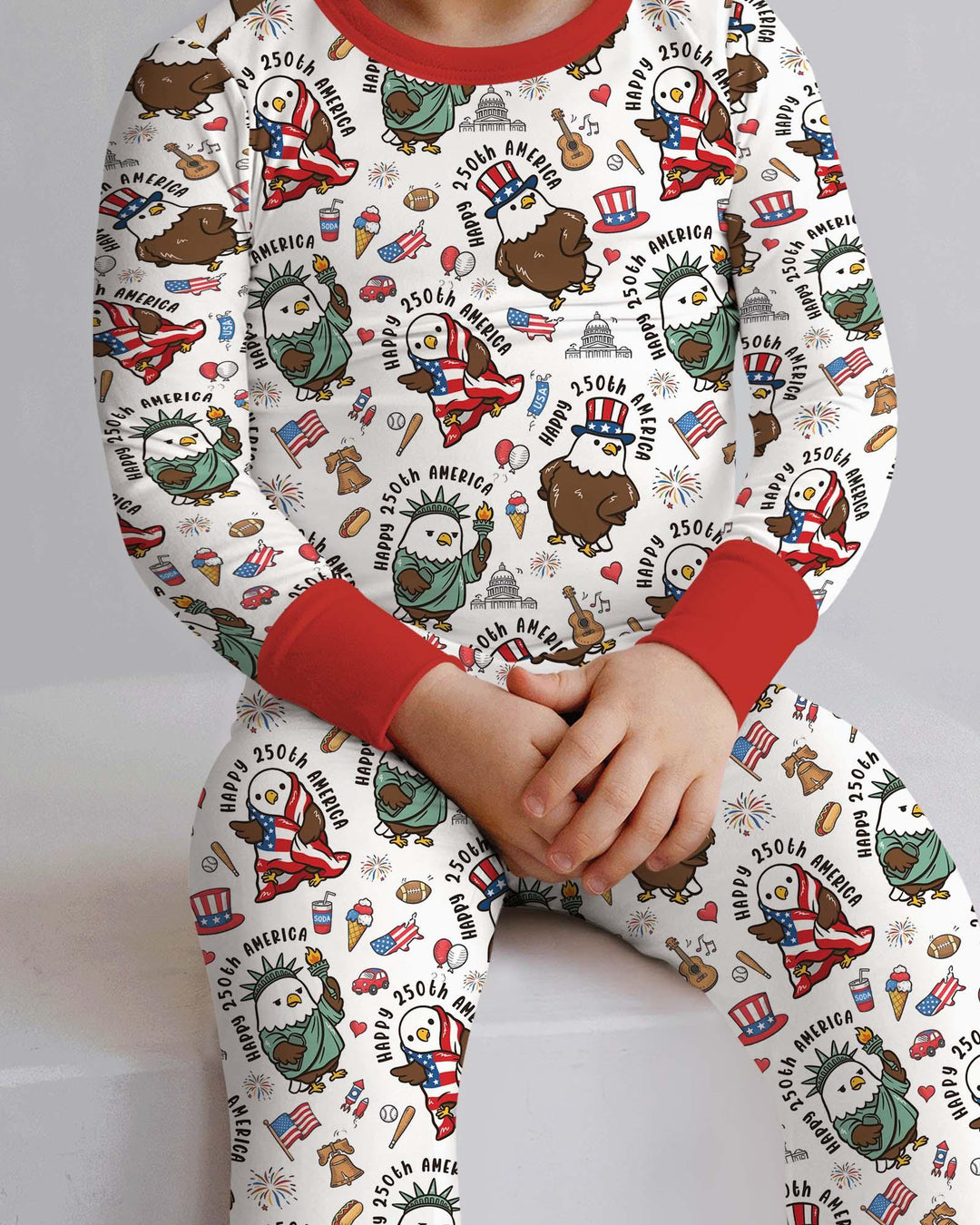 Happy 250th America Cute Patriotic Eagles Family Matching Bamboo Two Piece Long Sleeve Pajama Set