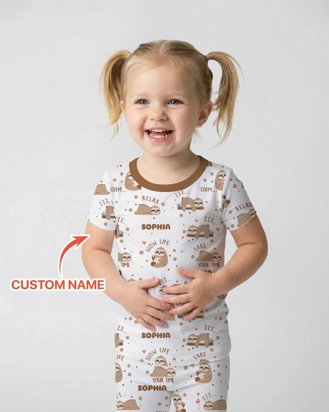 Custom Name Cute Sloth Bamboo Two Piece Short Sleeve Pajama Set