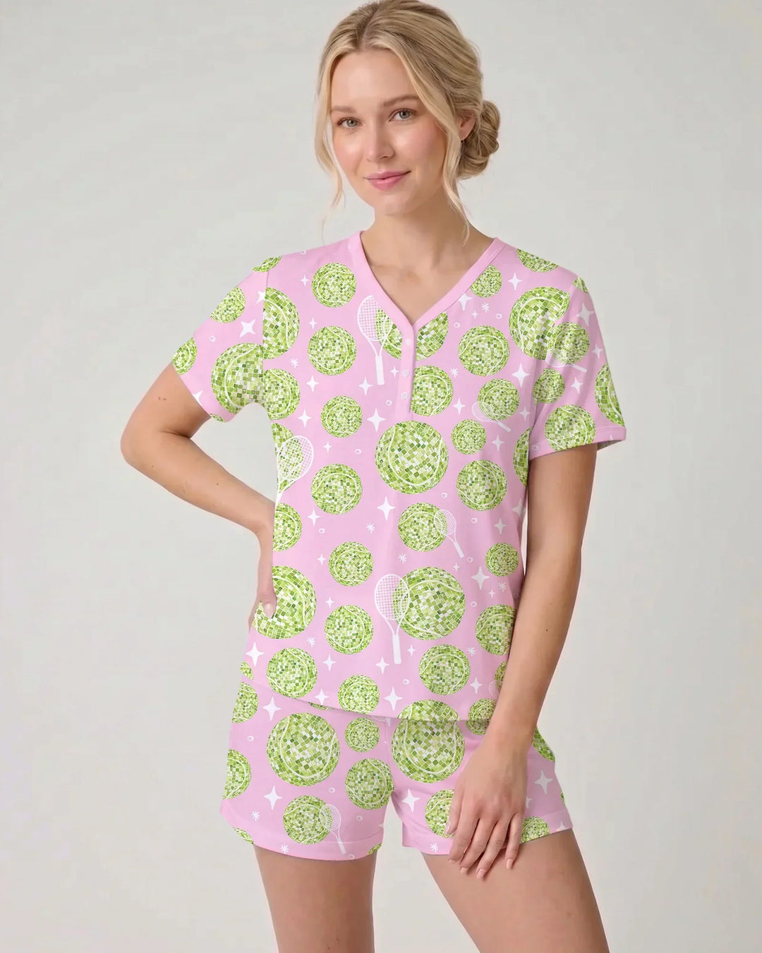 Tennis Disco Girl Party Matching Women Short Sleeve Short Pajama Set