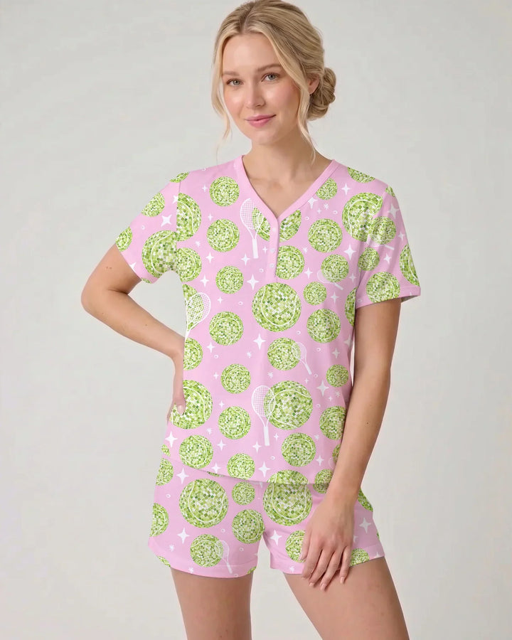 Tennis Disco Girl Party Matching Women Short Sleeve Short Pajama Set