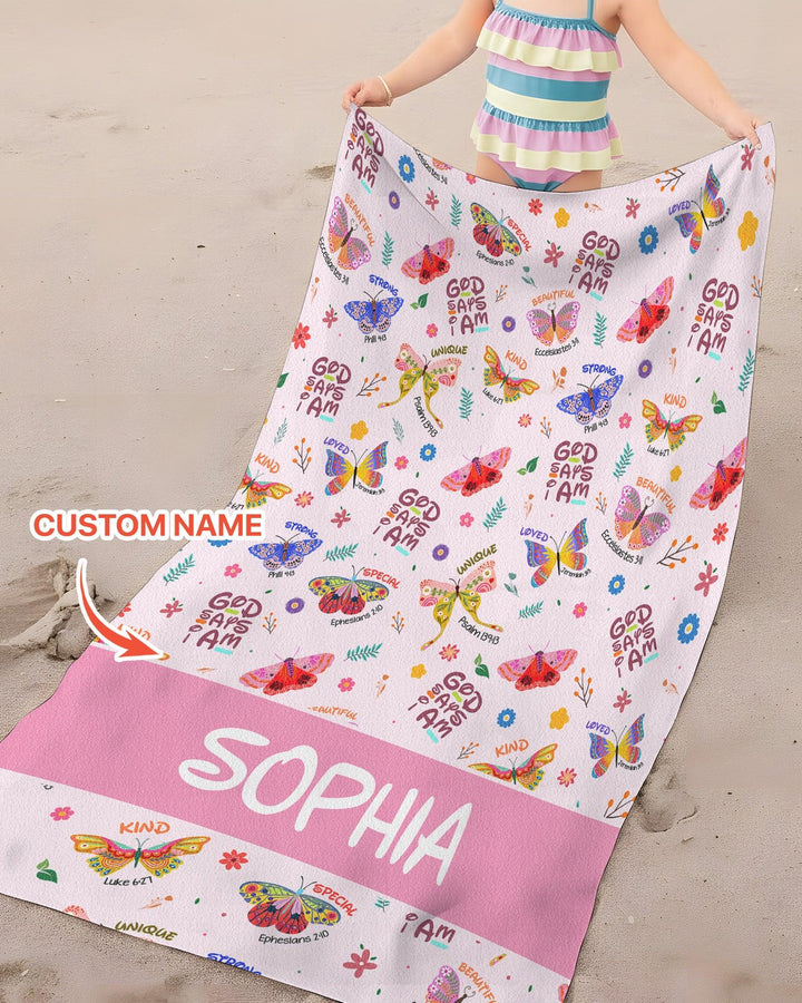 Custom Name God Says I Am Butterfly Beach Towel