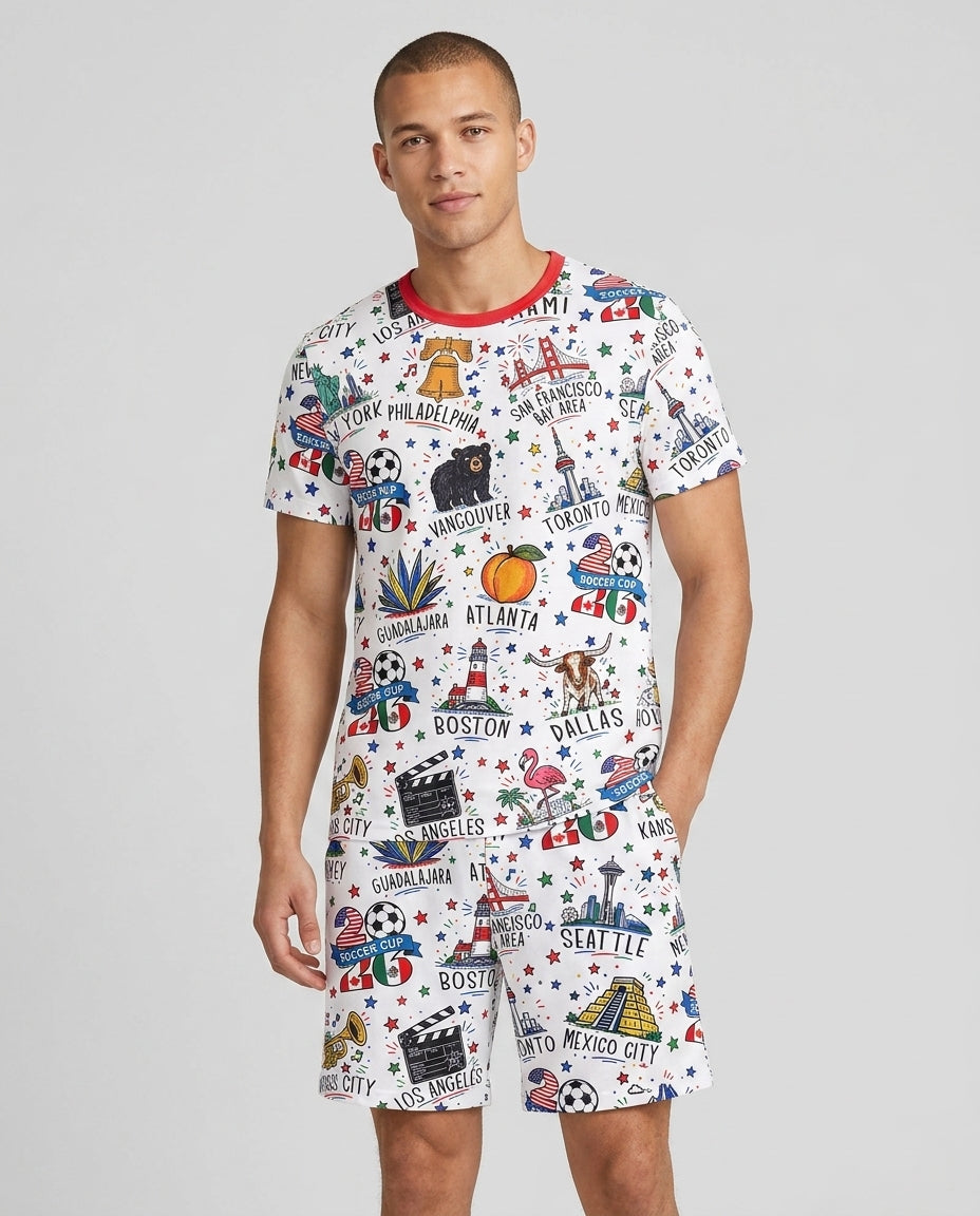 2026 Soccer Cup Host Citties Bamboo Men Short Sleeve Short Pajama Set