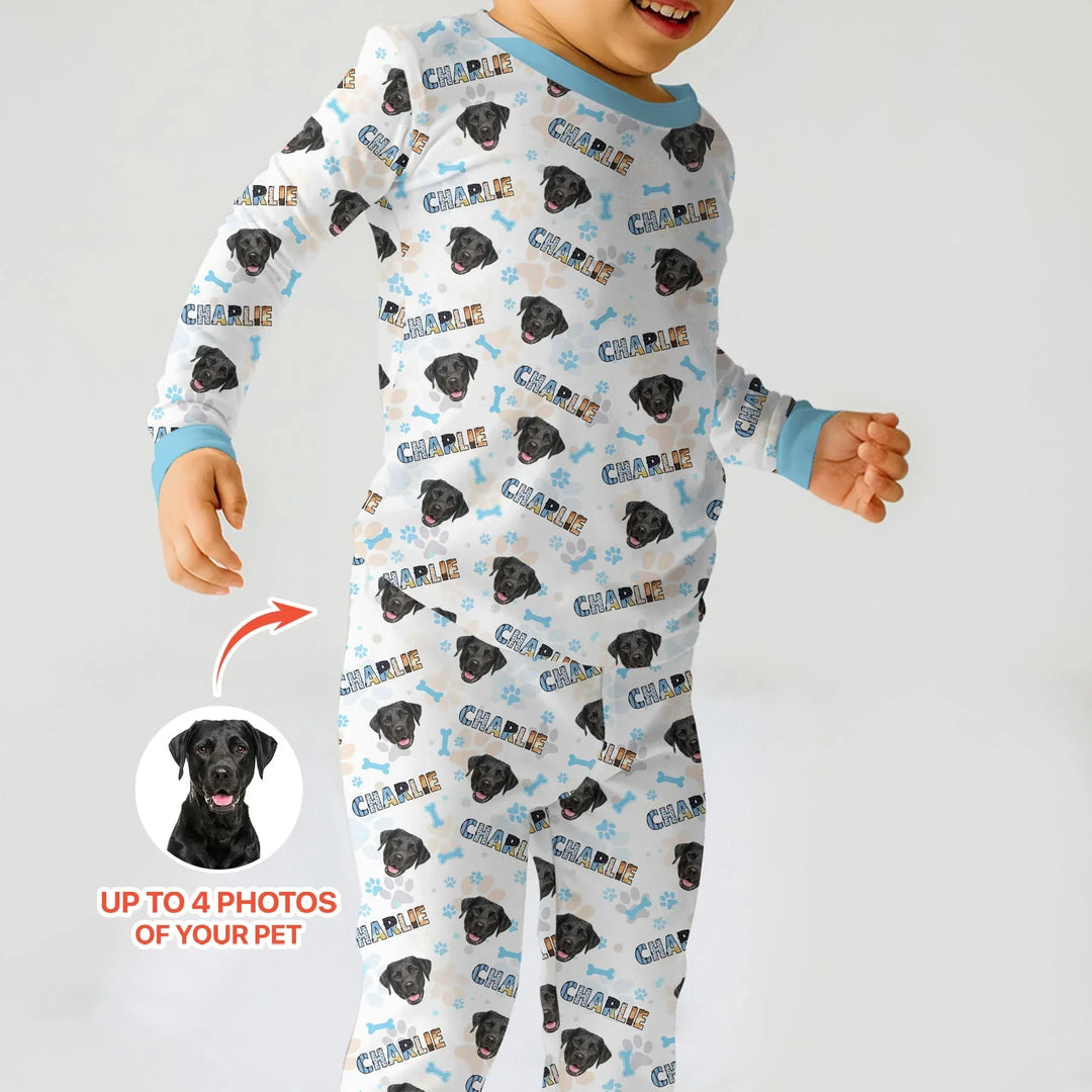 Custom Name Doodle Letters Blue Dog Bamboo Two Piece Long Sleeve Pajama Set