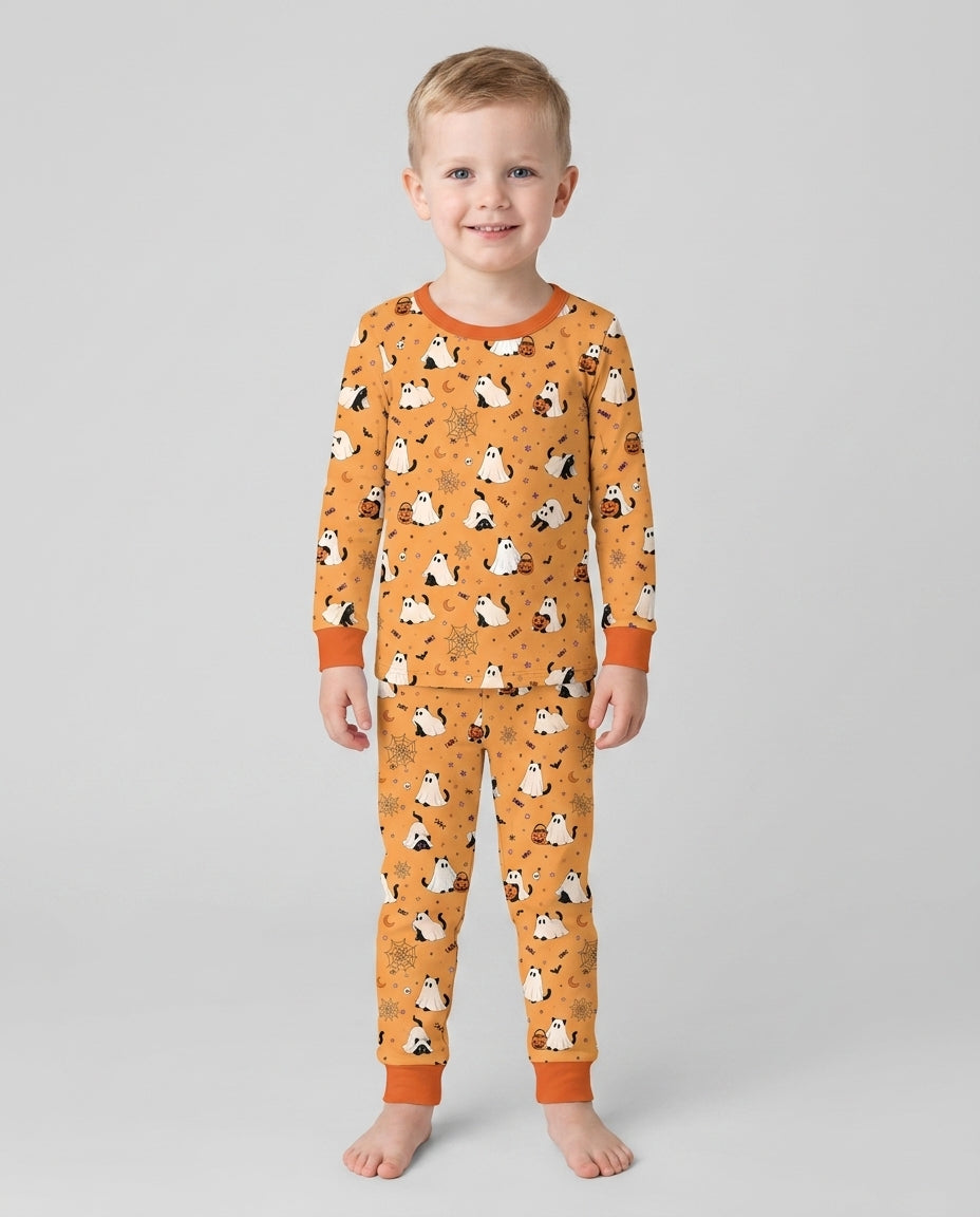 Ghost Cat Vintage Halloween Bamboo Two Piece Long Sleeve Pajama Set