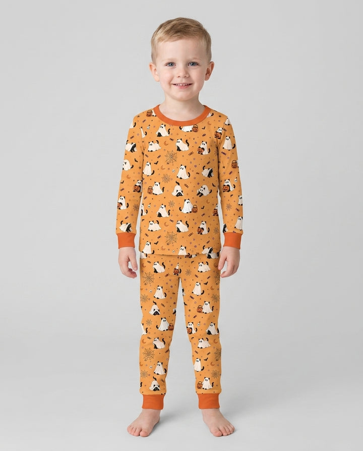 Ghost Cat Vintage Halloween Bamboo Two Piece Long Sleeve Pajama Set