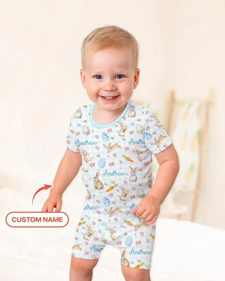 Custom Name Bunny Garden Bamboo Two Piece Short Sleeve Shorts Pajama Set